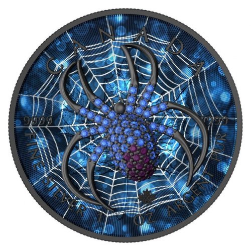 Canada 2022 5$ Maple Leaf Dark Blue Spider1 Oz Silver Coin with Bejeweled Insert