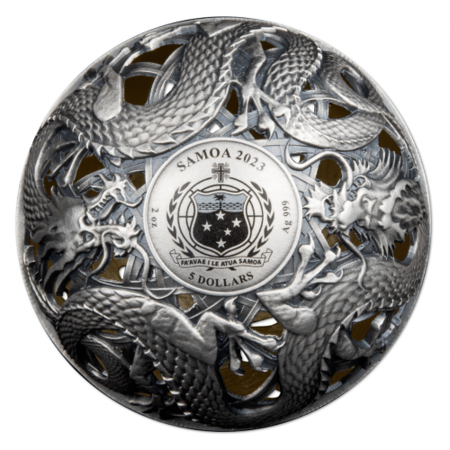 Samoa 2023 5$ DRAGON AND PHOENIX Filigree Spherical 2 Oz Silver Coin