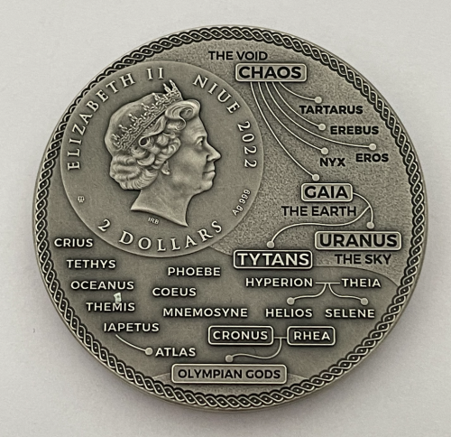 Niue 2022 2$ Titans Rhea 2 Oz Antique finish Silver Coin