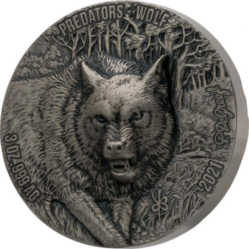 Ivory Coast 2021 Mauquoy Haut Relief - Predators - Wolf 3 Oz silver coin