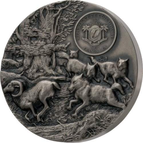 Ivory Coast 2021 Mauquoy Haut Relief - Predators - Wolf 3 Oz silver coin