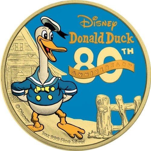 Niue 2014 $2 Donald Duck 80th Ann. - Yellow Gold & Blue Gold 1 Oz Silver Coin