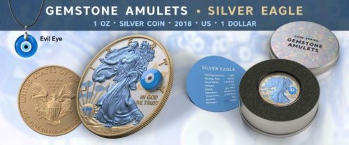 USA 2018 $1 Silver Eagle Gemstone Evil Eye 1 Oz Silver Gilded Coin 