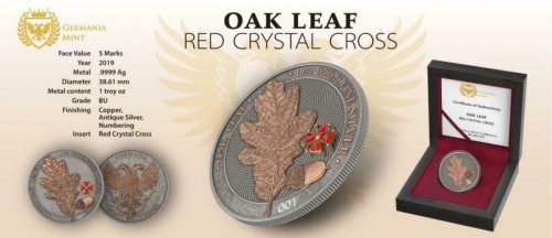 Germania 2019 5 Mark - Oak Leaf - Red Crystal Cross - 1 Oz Silver Coin