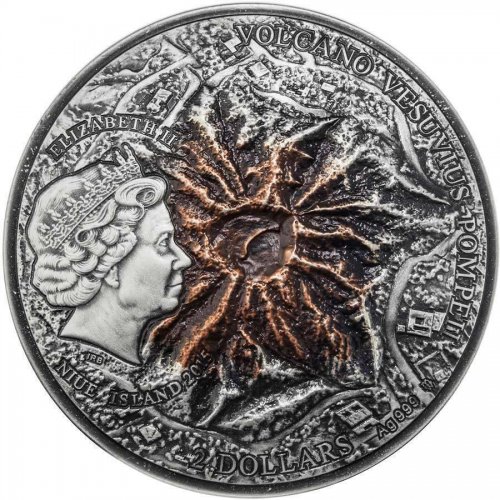 Niue 2015 2$ VESUVIUS Volcano Pompeii Lava 2 Oz silver coin