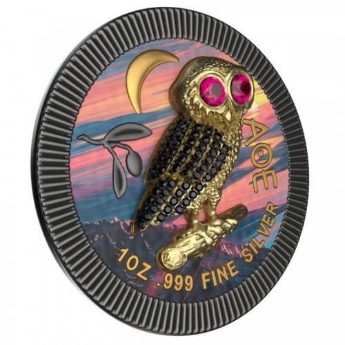 Niue 2021 2$ Athenian Owl - Night River - 1 Oz Silver Coin + Swarovski Crystals