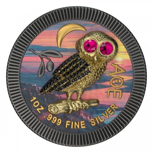 Niue 2021 2$ Athenian Owl - Night River - 1 Oz Silver Coin + Swarovski Crystals