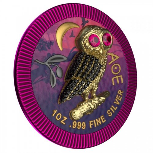 Niue 2021 2$ Athenian Owl - Purple Night - 1 Oz Silver Coin + Swarovski Crystals