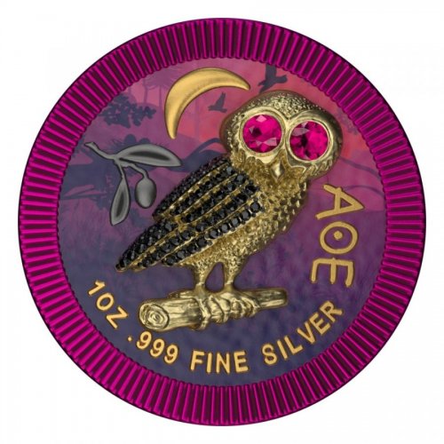 Niue 2021 2$ Athenian Owl - Purple Night - 1 Oz Silver Coin + Swarovski Crystals