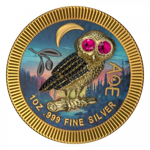 Niue 2021 2$ Athenian Owl - Gold in forest - 1 Oz Silver Coin + Swarovski Crystals