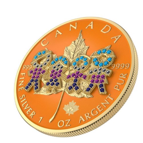 Canada 2021 5 $ Maple Leaf- Big Family Orange1 Oz Silver coin