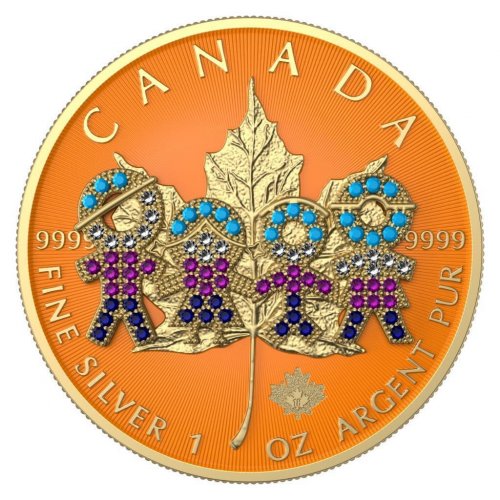 Canada 2021 5 $ Maple Leaf- Big Family Orange1 Oz Silver coin