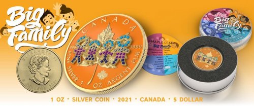 Canada 2021 5 $ Maple Leaf- Big Family Orange1 Oz Silver coin