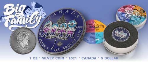 Canada 2021 5 $ Maple Leaf- Big Family Blue 1 Oz Silver coin