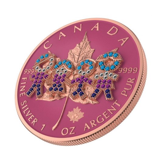 Canada 2021 5 $ Maple Leaf- Big Family Pink 1 Oz Silver coin