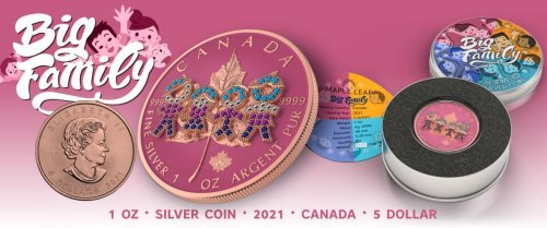 Canada 2021 5 $ Maple Leaf- Big Family Pink 1 Oz Silver coin