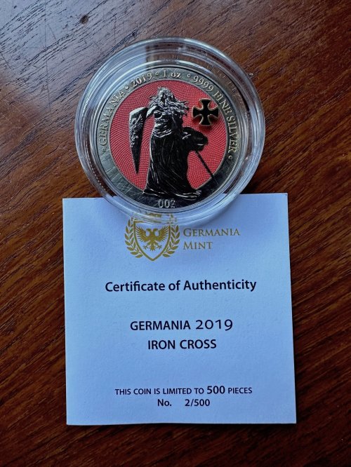 Germania 2019 5 Mark GERMANIA Iron Cross No:002  1 Oz Silver Coin