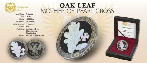 Germania 2019 5 Mark OAK LEAF Pearl Cross No:006 1 Oz Silver Coin