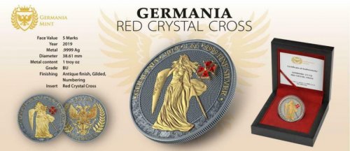 Germania 2019 5 Mark GERMANIA Red Crystal Cross No:006 1 Oz Silver Coin