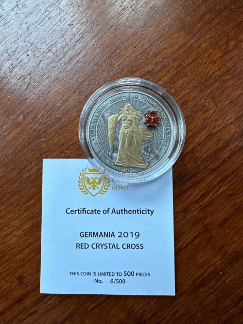 Germania 2019 5 Mark GERMANIA Red Crystal Cross No:006 1 Oz Silver Coin