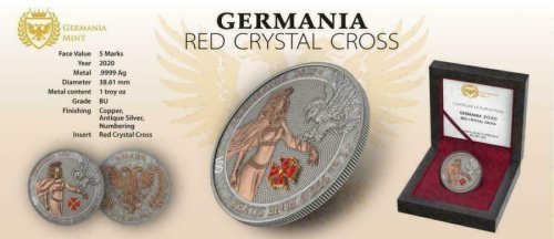 Germania 2020 5 Mark GERMANIA Red Crystal Cross No:002  1 Oz Silver Coin