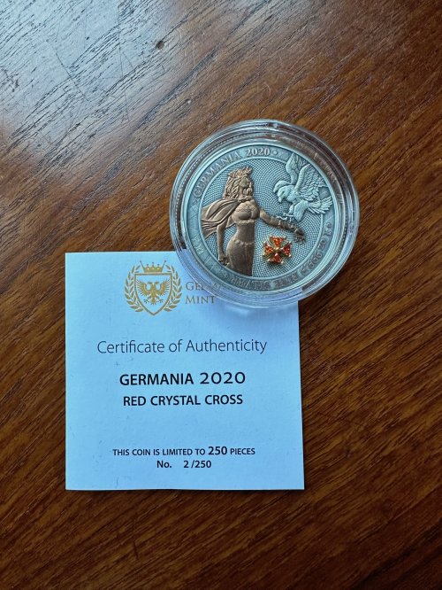 Germania 2020 5 Mark GERMANIA Red Crystal Cross No:002  1 Oz Silver Coin