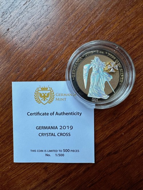 Germania 2019 5 Mark GERMANIA Crystal Cross No:001 1 Oz Silver Coin