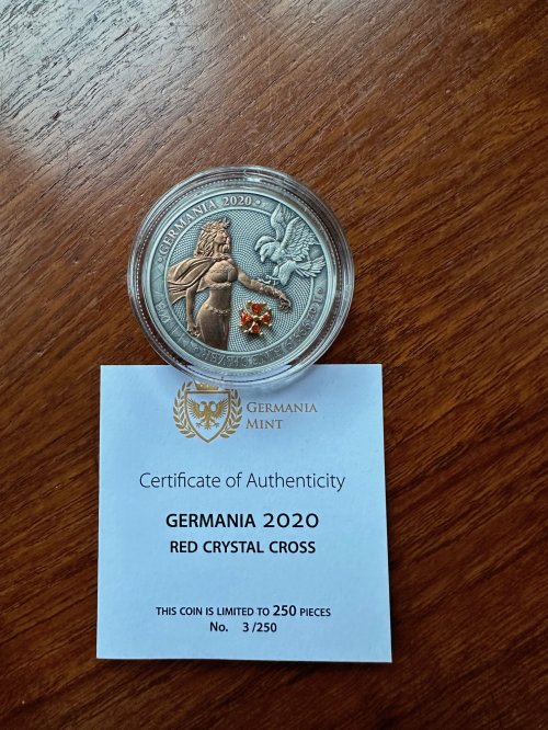 Germania 2020 5 Mark GERMANIA Red Crystal Cross No:003 1 Oz Silver Coin