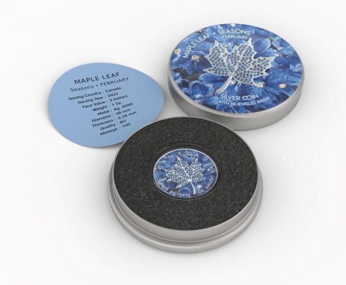 Canada 2022 5$ Maple Leaf Seasons February 1Oz Silver Coin with Bejeweled Insert