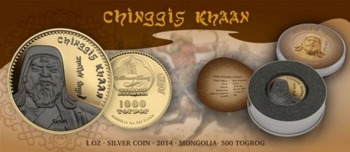 Mongolia 2014 500 Togrog - Chinggis Khaan - Gilded & Ruthenium 1 Oz Silver Coin