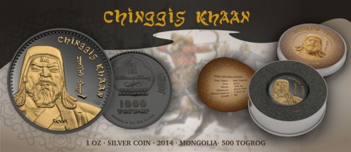 Mongolia 2014 500 Togrog - Chinggis Khaan - Ruthenium & Gilded 1 Oz Silver Coin