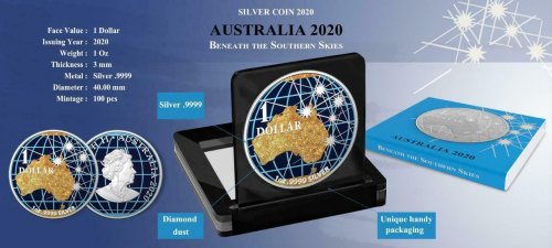 Australia 2020 1$ - Beneath the Southern Skies - Golden Map - 1 Oz Silver Coin