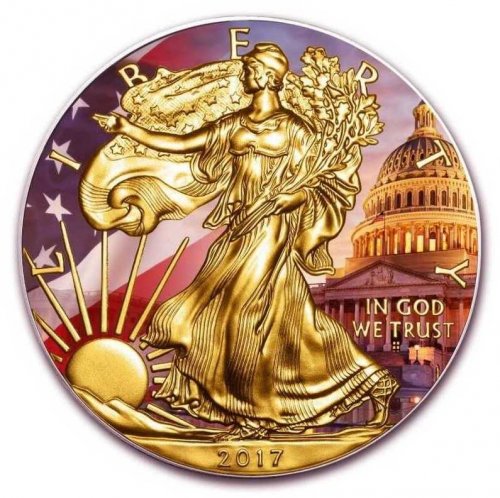 USA 2017 1$ Liberty-Patriotic Eagle Colorized and Gold Plated 1 Oz silver coin