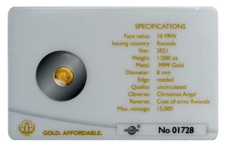 Rwanda 2021 10 FRW Gold.Affordable. - Christmas Angel 1/200 gold coin