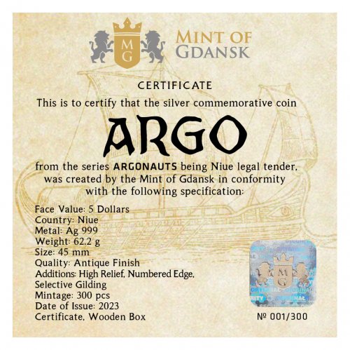 Niue 2023 5$ ARGO SHIP Argonauts 2 Oz silver coin