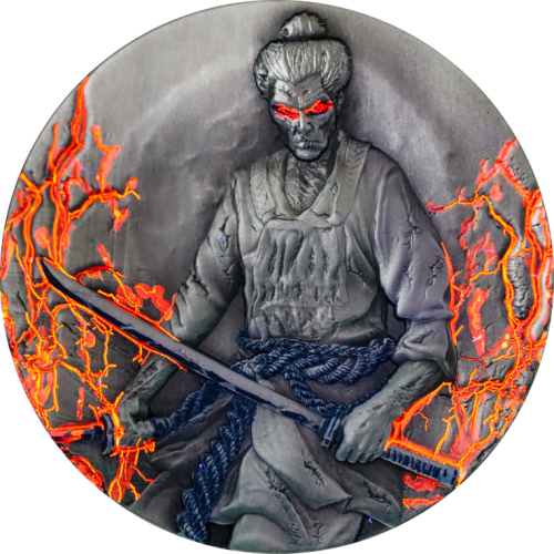 Cameroon 2014 2000 Francs  ZOMBIFIED SAMURAI Glow in the Dark 2 Oz silver coin