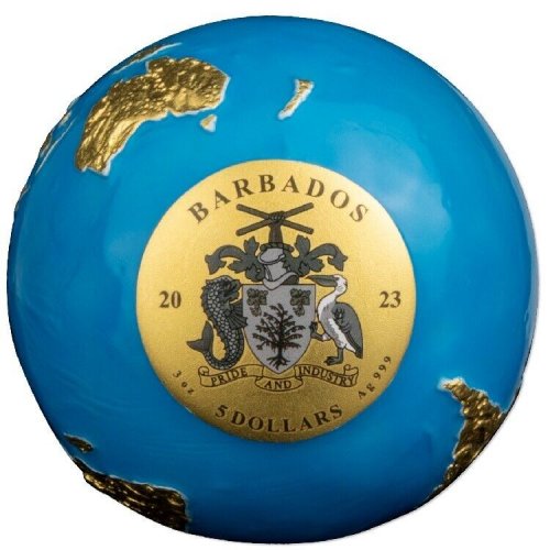 Barbados 2023 5$ BLUE MARBLE Glow in the Dark Gold Plating 3 Oz silver coin