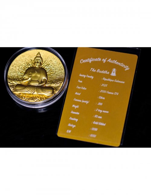 Gabon 2025 2000 Francs BUDDHA Creator of Buddhism Gilded 2 Oz silver coin