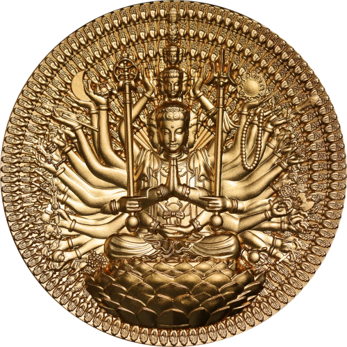 Gabon 2025 2000 Francs Thousand Hand & Eyed Buddha Guan Yin 2 Oz gilded silver coin