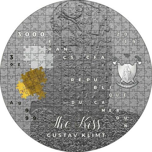 Cameroon 2019 so Puzzle Art - Gustav Klimt - The Kiss 3 Oz silver coin