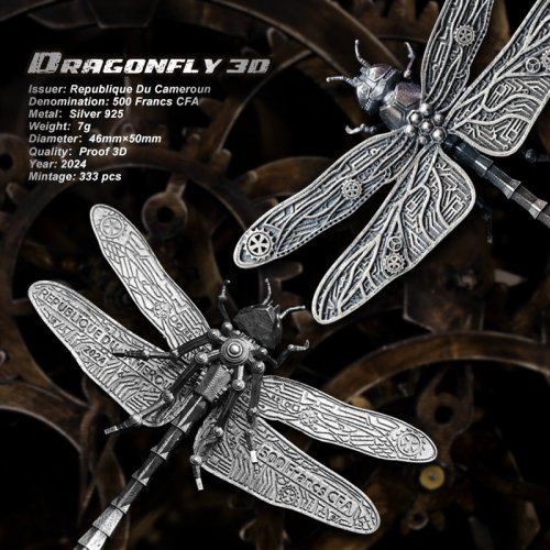 Cameroon 2024 500 Francs MECHANICAL DRAGONFLY silver coin