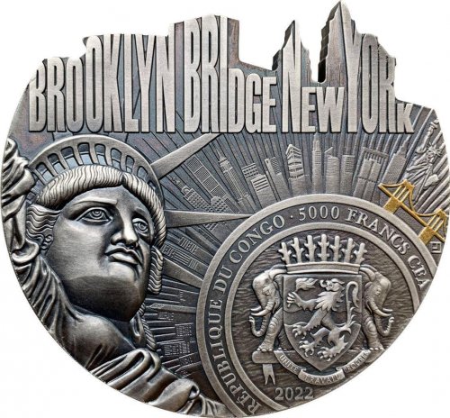 Congo 2022 5000 francs BROOKLYN BRIDGE World Famous Bridges 5 Oz silver coin