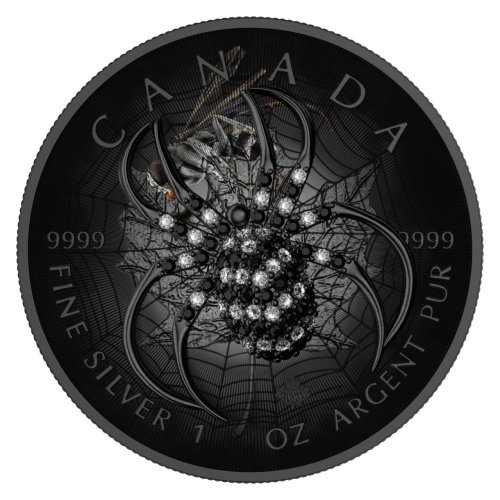 Canada 2025 5$ Maple Leaf- Black Spider 1 Oz Silver Coin with Bejeweled Insert