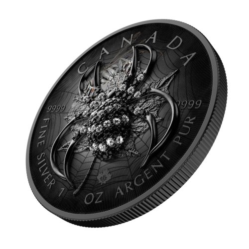 Canada 2025 5$ Maple Leaf- Black Spider 1 Oz Silver Coin with Bejeweled Insert