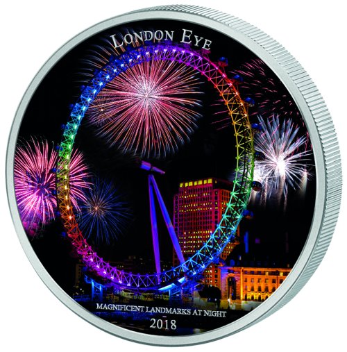 Ivory Coast 2018 2000 Francs - Landmarks at Night - London Eye  2 Oz silver coin