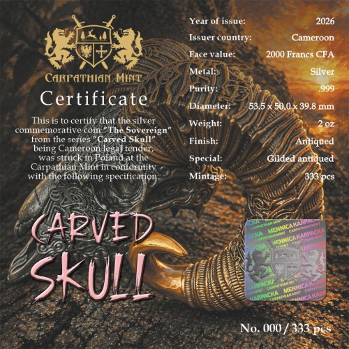 Cameroon 2026 2000 Francs SOVEREIGN Carved Skull 2 Oz silver coin