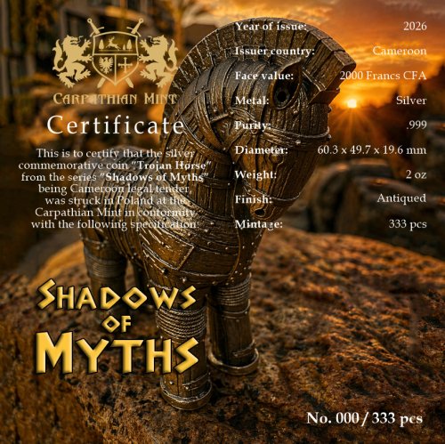 Cameroon 2026 2000 Francs TROJAN HORSE Shadows of Myths 2 Oz silver coin