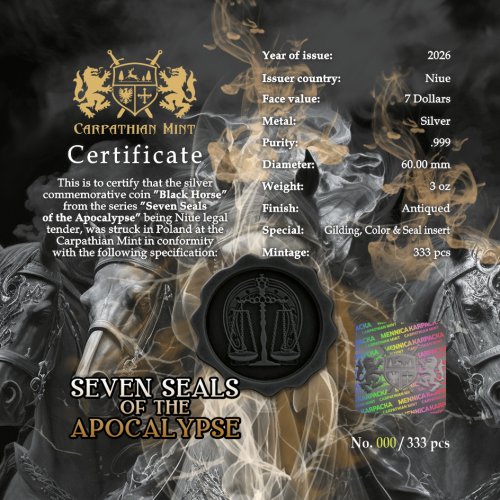 Niue 2026 7$ BLACK HORSE Seven Seals of the Apocalypse 3 oz silver coin